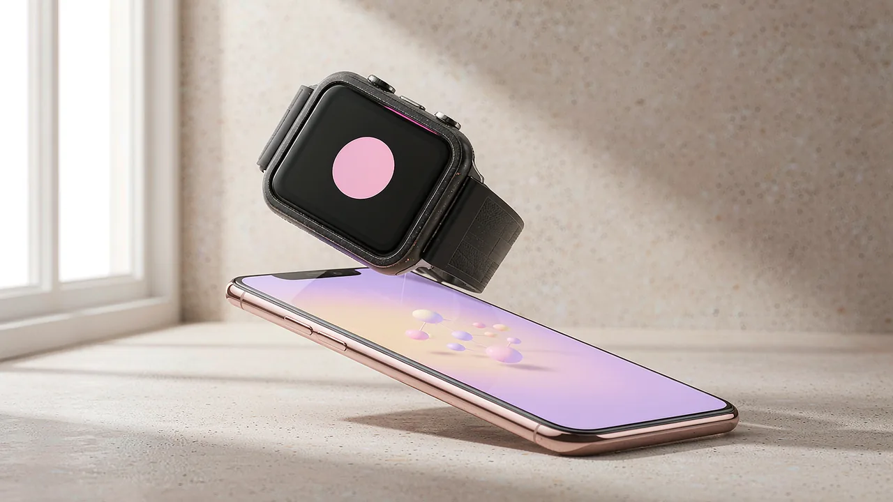 Smartwatch and smartphone paired together on a light stone surface