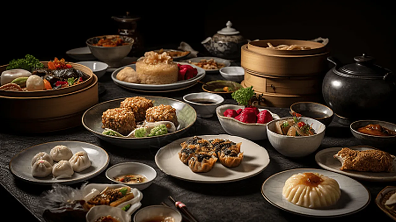 Chinese dim sum spread: dumplings, sesame balls and steamed cakes