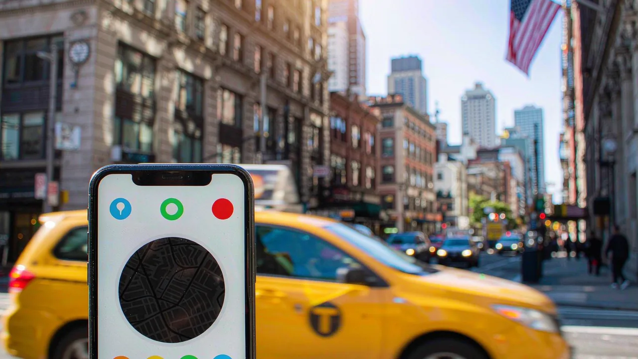 Smartphone held up on an American city street with taxi and skyline