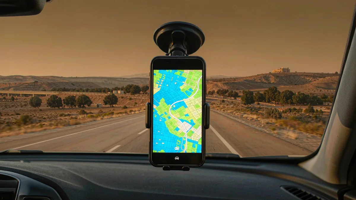 Phone with map navigation mounted on a car dashboard on a US highway