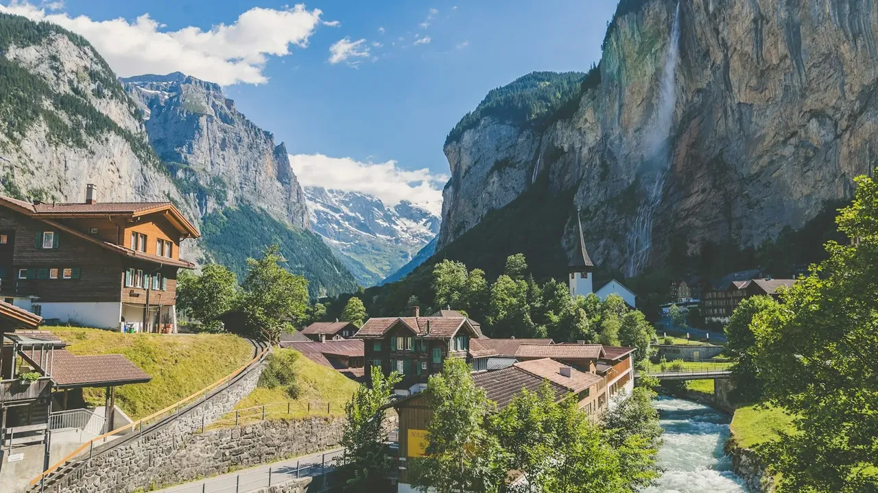 Snow-capped Swiss Alps above a green valley