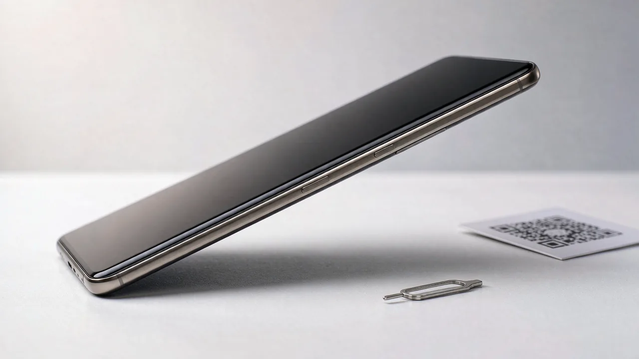 Slim iPhone showing its edge profile beside a SIM ejector tool and QR card