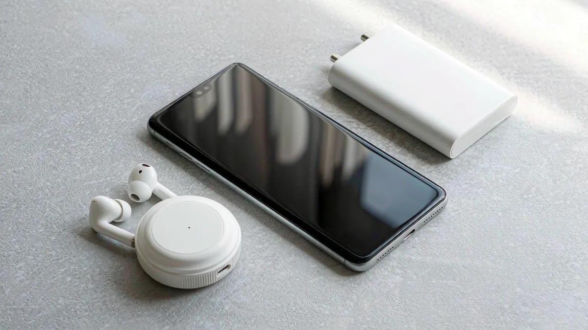 iPhone Air flat-lay with earbuds and a slim power bank