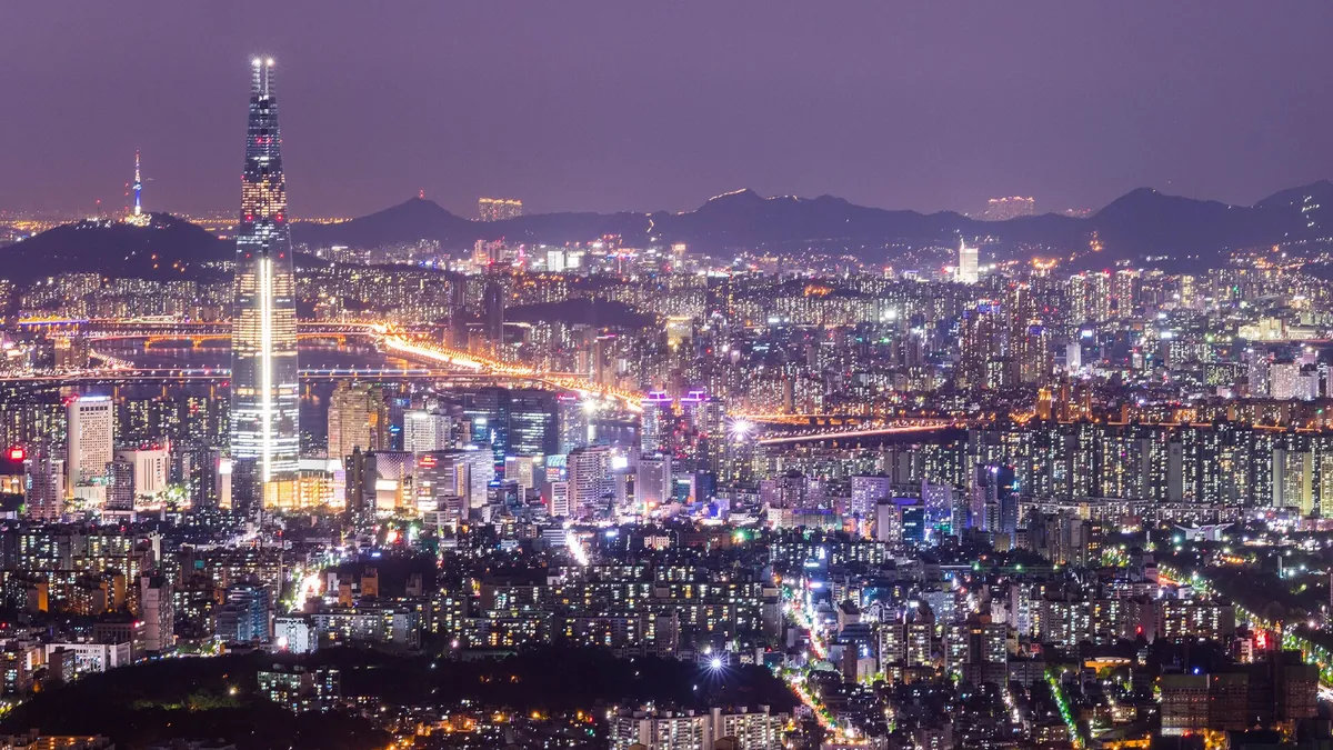 Seoul night skyline with Lotte World Tower seen from Namsan