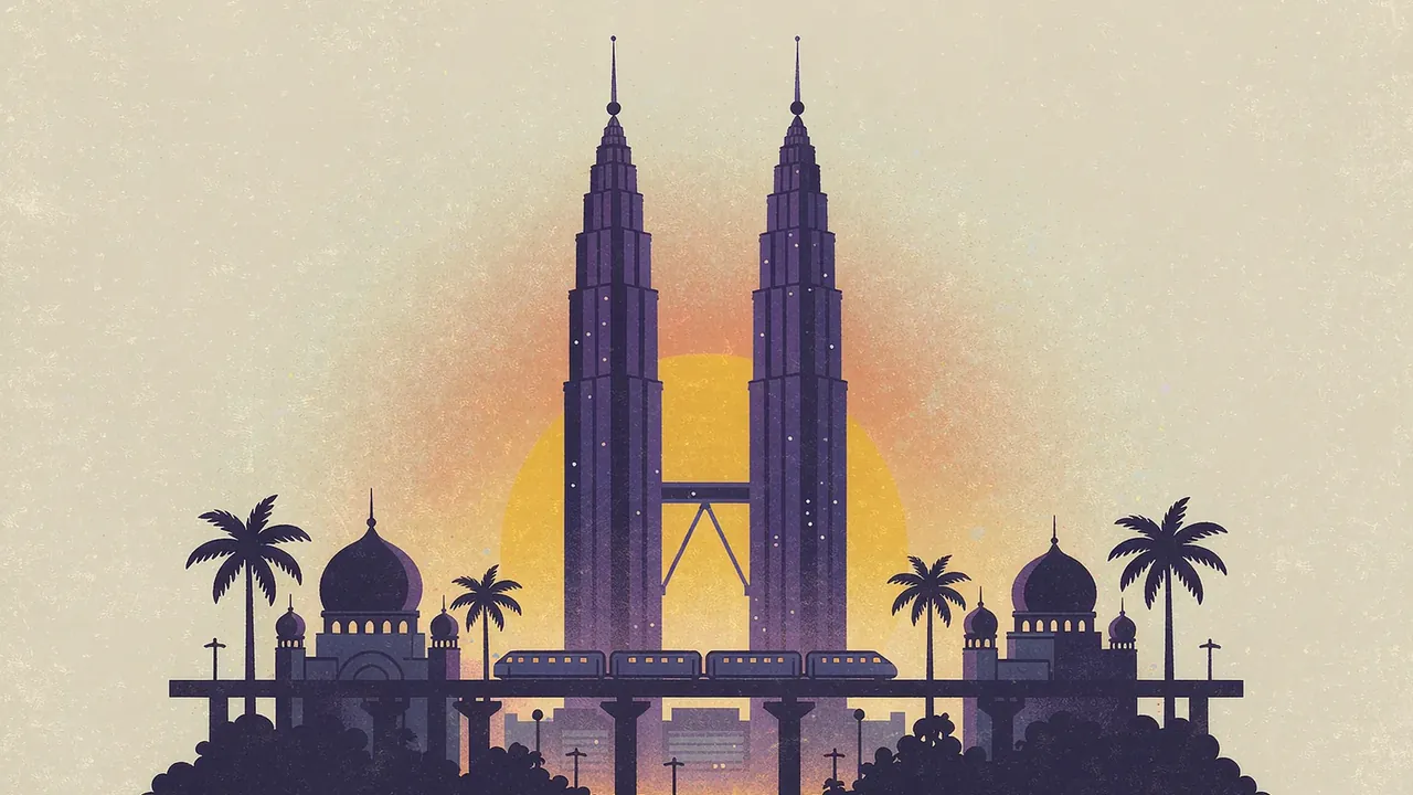 The Kuala Lumpur skyline with iconic twin towers, mosque dome silhouette, tropical palms and a monorail crossing the frame