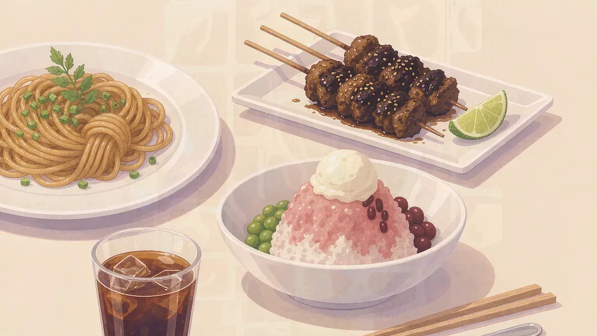 Street food table from above with noodles, satay skewers, shaved ice dessert and iced coffee