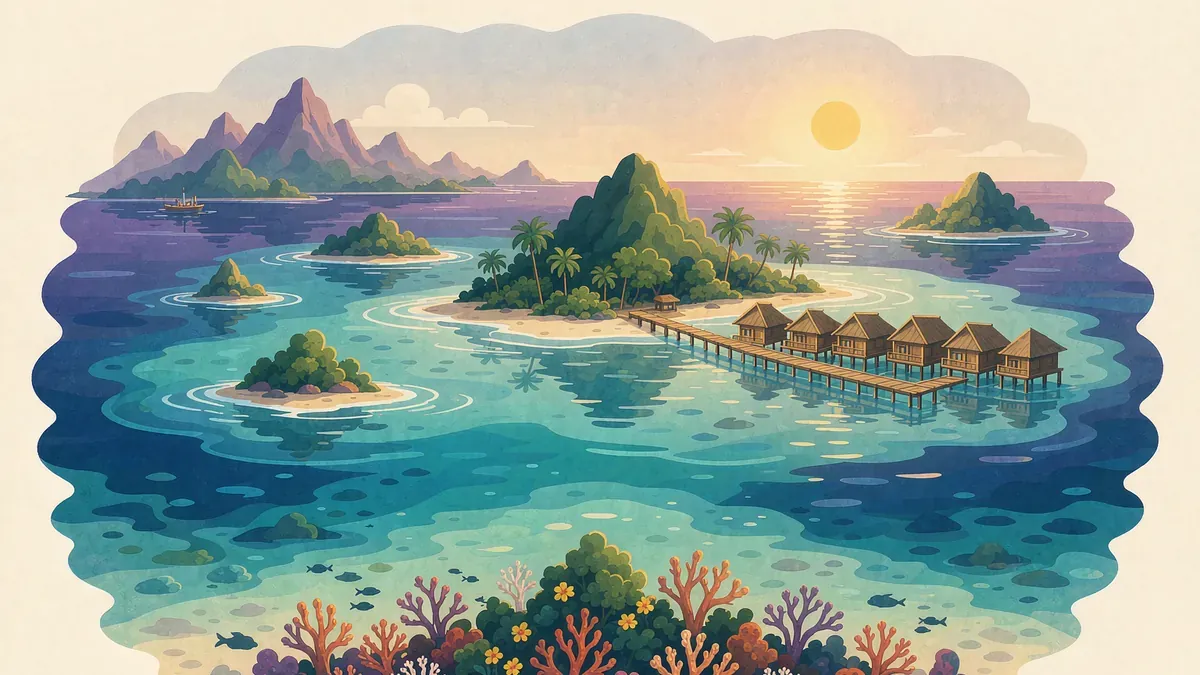 A tropical island archipelago from a hilltop with clear water over coral reefs and a wooden jetty to overwater bungalows