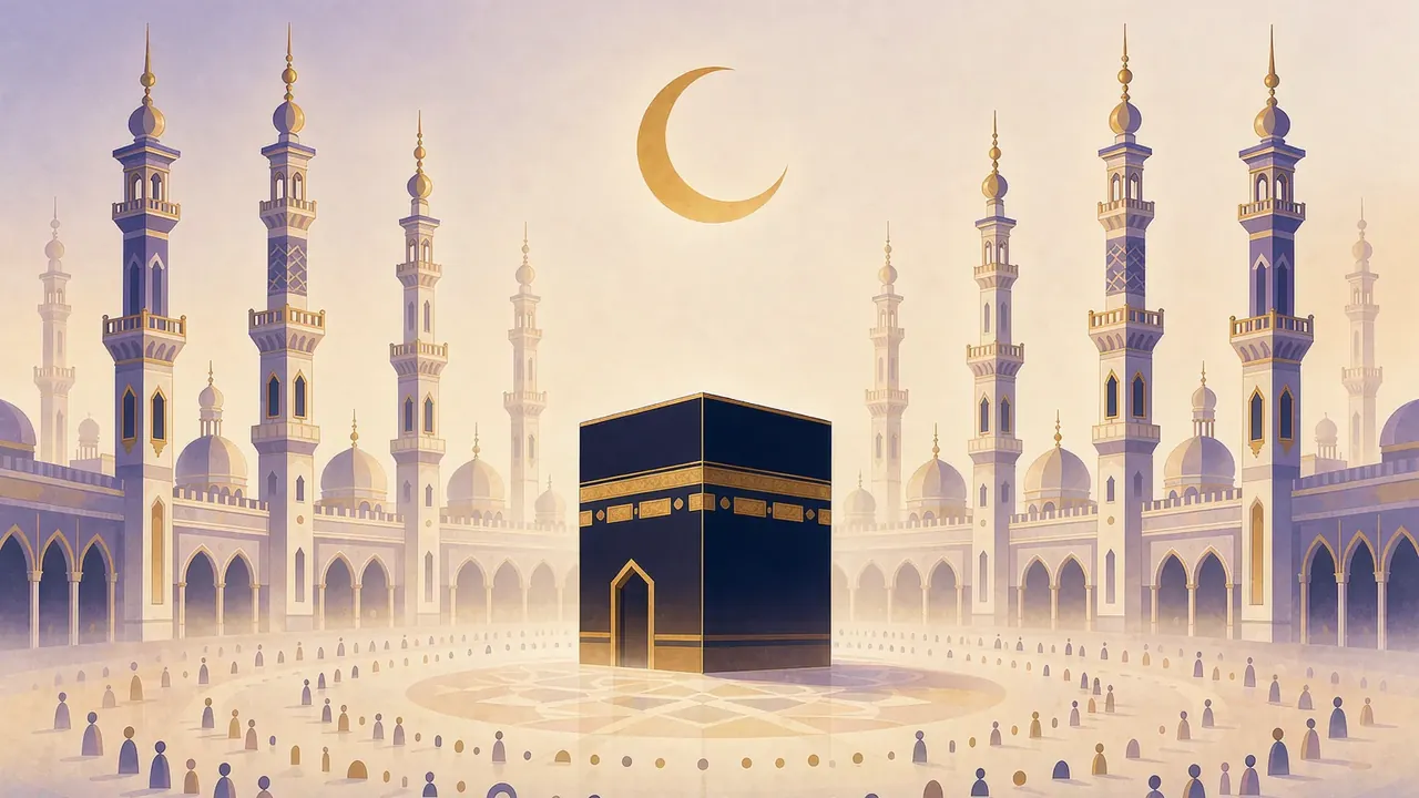 The Kaaba at the center of the Grand Mosque courtyard in Mecca with elegant minarets and a crescent moon, circular crowd pattern around it