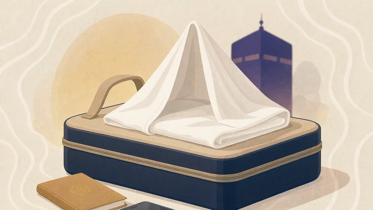 Two folded white ihram garments on a travel suitcase beside passport and phone with the Kaaba silhouette in the background