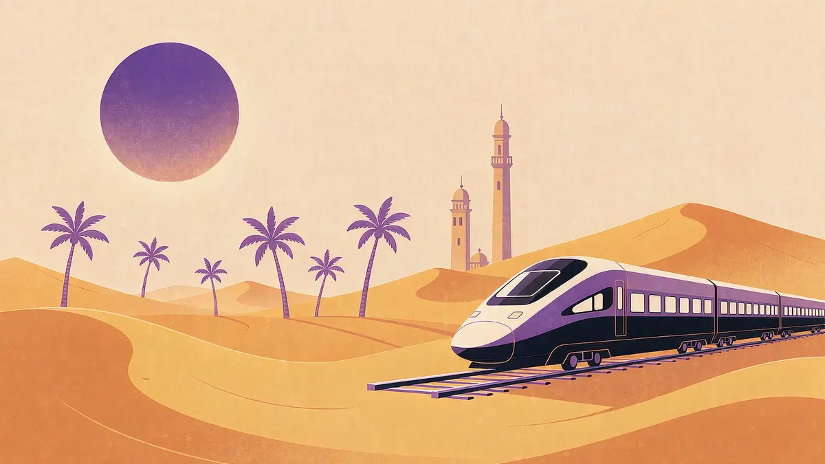 A sleek high-speed train crossing a golden desert toward distant minarets (Haramain railway)